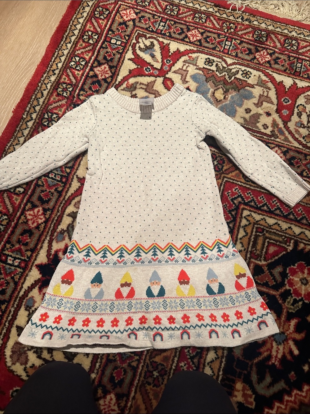 Hanna Andersson Cream Knit Dress with Multicolor Gnome Border